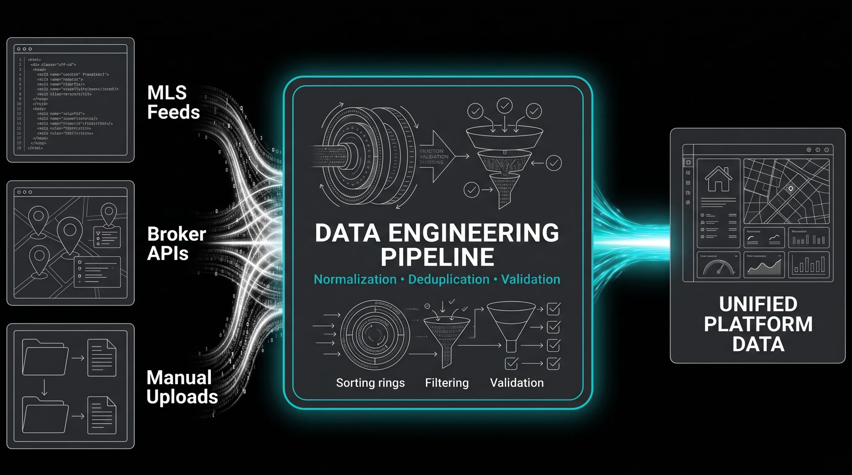 Technical workflow diagram illustrating how MLS feeds, broker APIs, and manual uploads flow through a data engineering pipeline for normalization, deduplication, and validation to create unified platform data.