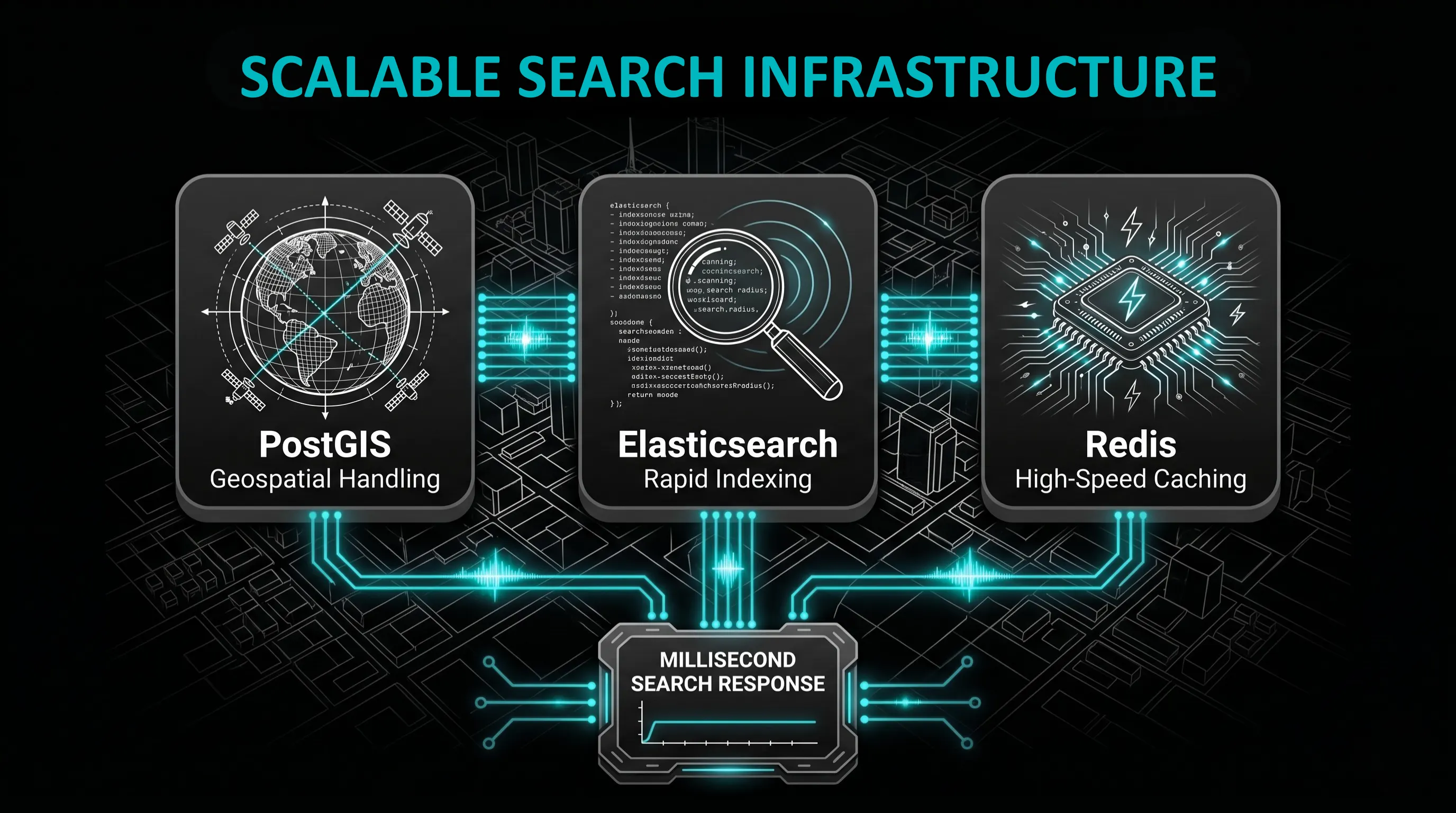 Architectural tech stack diagram showcasing scalable search infrastructure for real estate, featuring PostGIS for geospatial handling, Elasticsearch for rapid indexing, and Redis for high-speed caching to deliver millisecond search responses.