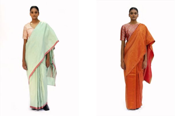 Green Katan Silk Saree & Brick Red Saree – Elegant Handloom by Dharki