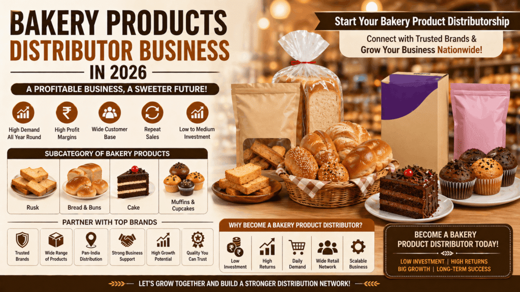 A Complete Guide to Building a Profitable Bakery Distribution Network The food and beverage industry in India is witnessing rapid transformation, and one of the most consistent and high-demand segments is the bakery products market. From everyday staples like bread and buns to indulgent treats like cakes and muffins, bakery products have become an essential part of modern lifestyles. With increasing urbanization, fast-paced routines, and rising demand for ready-to-eat food, the bakery segment is expanding significantly. This creates a massive opportunity for bakery product distributors, bakery product wholesalers, and entrepreneurs looking to build a scalable business in the FMCG sector. The rising demand has also strengthened the ecosystem of bakery product suppliers and opened doors for those interested in starting a bakery product distributorship business. In this blog, we’ll explore everything you need to know about starting a bakery distribution business in 2026, including market trends, product categories, subcategories like bakery essentials, and how appointdistributors.com helps connect distributors and manufacturers for smooth business operations. 1. Why Bakery Distribution is a Big Opportunity in 2026 Growing Demand for Ready-to-Eat Foods Modern consumers prefer convenience, and bakery products perfectly fit into this category. Items like bread, rusk, and cakes are consumed daily across households, cafes, and offices. This consistent demand makes it highly profitable for bakery product distributors and bakery product wholesalers. Urbanization & Changing Food Habits With increasing urban population and western influence, bakery consumption is rising rapidly. Products like muffins, cupcakes, and premium breads are gaining popularity among young consumers. This trend boosts opportunities for bakery product distributorship businesses. Expansion of Retail & Quick Commerce Supermarkets, convenience stores, and quick commerce apps are expanding rapidly, making bakery products more accessible than ever. This growth strengthens the role of bakery product suppliers and distributors in the supply chain. High Repeat Purchase Cycle Bakery products are perishable and consumed frequently, ensuring repeat orders. This leads to steady revenue for bakery product distributors. 2. What is a Bakery Products Distributor Business? A bakery distribution business involves sourcing bakery items from manufacturers and supplying them to: Retail shops Supermarkets Cafes & restaurants Online grocery platforms In this business, you don’t manufacture products—you act as the bridge between bakery product suppliers and retailers. Key Responsibilities Inventory management Logistics and delivery Market expansion Retail network development This is why the demand for bakery product distributors and bakery product wholesalers is continuously growing in India. 3. Categories in Bakery Distribution The bakery industry falls under the Food & Beverages category, which is one of the fastest-growing FMCG segments. Major Bakery Segments Bread & buns Biscuits & rusk Cakes & pastries Snacks & baked goods Among these, daily-consumption bakery products offer the highest returns for bakery product distributorship businesses. 4. Subcategory Focus: Bakery Products (High-Demand Segment) The bakery segment is diverse, and some products have extremely high demand across India. Popular Bakery Products: Rusk Long shelf life Daily consumption with tea High demand in all regions Bread & Buns Staple food item Used in homes, restaurants, and fast-food outlets Cake High demand for celebrations Premium pricing opportunity Muffins & Cupcakes Popular among youth Increasing demand in urban areas 👉 This segment offers excellent opportunities for bakery product distributors and those starting a bakery product distributorship. 5. Brands Available in Bakery Distribution Choosing the right brands is crucial for success in this business. Top Bakery Brands Available: SUPER TASTY FOOD PRODUCTS Wide range of bakery items Strong market demand Radhika Baker’s Known for quality bakery products Growing brand presence VIP Gold Established name in bakery segment Arogya Gluten Free Foods Specializes in gluten-free bakery items Targets health-conscious consumers SAISHA FOODS AND BEVERAGES LLP Diverse product range Reliable supply chain PROO BYTE (OPC) PRIVATE LIMITED Emerging bakery brand Innovative product offerings How appointdistributors.com Helps These Brands Grow appointdistributors.com plays a crucial role in expanding brand reach and distribution. Key Benefits for Brands: ✔ Pan-India expansion ✔ Direct access to bakery product distributors ✔ Increased visibility among bakery product wholesalers ✔ Faster product launches ✔ Reduced marketing costs ✔ Strong network of bakery product suppliers and distributors 👉 This makes appointdistributors.com a powerful growth platform for bakery brands. 6. How appointdistributors.com Helps You Starting a distribution business requires strong industry connections—and that’s where we help. What We Do: We connect: Manufacturers Distributors Wholesalers Key Benefits: ✔ Access to verified brands ✔ Multiple product categories (Food & Beverages) ✔ Easy onboarding ✔ Direct communication with companies ✔ Business expansion opportunities Whether you want to become a leading bakery product distributor or build a strong bakery product distributorship, our platform simplifies your journey. 👉 We bridge the gap between bakery product suppliers and distributors. 7. Investment & Profit Potential Investment Range: ₹50,000 – ₹10 lakh+ Profit Margins: Moderate to high margins High volume sales Why Profitable? Daily consumption products Repeat orders Expanding market demand 👉 This makes becoming a bakery product distributor a smart business decision. 8. Challenges in Bakery Distribution Short Shelf Life Many bakery products are perishable and require quick distribution. Storage Requirements Proper storage conditions are necessary to maintain quality. Logistics Management Timely delivery is critical. Competition High competition in urban areas. 👉 However, these challenges create opportunities for efficient bakery product distributors to stand out. 9. Future Trends in Bakery Business (2026 & Beyond) Growth in premium bakery products Rising demand for gluten-free and healthy options Expansion in Tier 2 & Tier 3 cities Growth of online bakery delivery platforms 👉 These trends will boost demand for bakery product suppliers and strengthen the bakery product distributorship market. 10. Step-by-Step Guide to Start Step 1: Choose Product Segment Focus on high-demand items like bread, rusk, and cakes. Step 2: Partner with Brands Use appointdistributors.com to connect with trusted companies. Step 3: Build Distribution Network Connect with retailers, cafes, and supermarkets. Step 4: Market Your Products Focus on quality, freshness, and availability. 👉 Following these steps will help you become a successful bakery product distributor. 11. Why You Should Start Now ✔ High demand ✔ Daily consumption products ✔ Strong profit potential ✔ Growing market 👉 Starting a bakery product distributorship today gives you a competitive advantage. Conclusion The Bakery Products Distributor Business in 2026 is one of the most promising opportunities in the FMCG sector. The demand for bakery product distributors, bakery product wholesalers, and bakery product suppliers is increasing rapidly due to changing consumer lifestyles and growing preference for ready-to-eat foods. With high-demand products like Rusk, Bread & Buns, Cake, and Muffins & Cupcakes, the growth potential is immense. By partnering with trusted brands like SUPER TASTY FOOD PRODUCTS, Radhika Baker’s, VIP Gold, Arogya Gluten Free Foods, SAISHA FOODS AND BEVERAGES LLP, and PROO BYTE (OPC) PRIVATE LIMITED, and leveraging platforms like appointdistributors.com, you can build a scalable and profitable bakery product distributorship business. 👉 If you are planning to enter the FMCG sector, this is the right time to become a successful bakery product distributor in 2026.