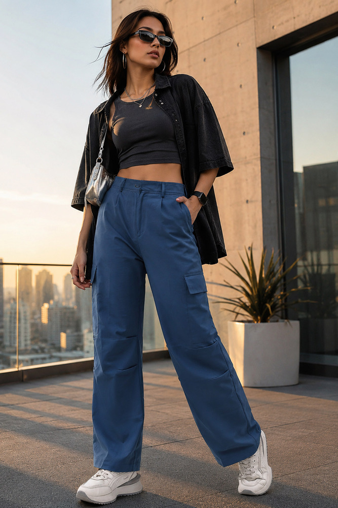 Amiiga Women Blue Twill Lycra Cargo Pants
