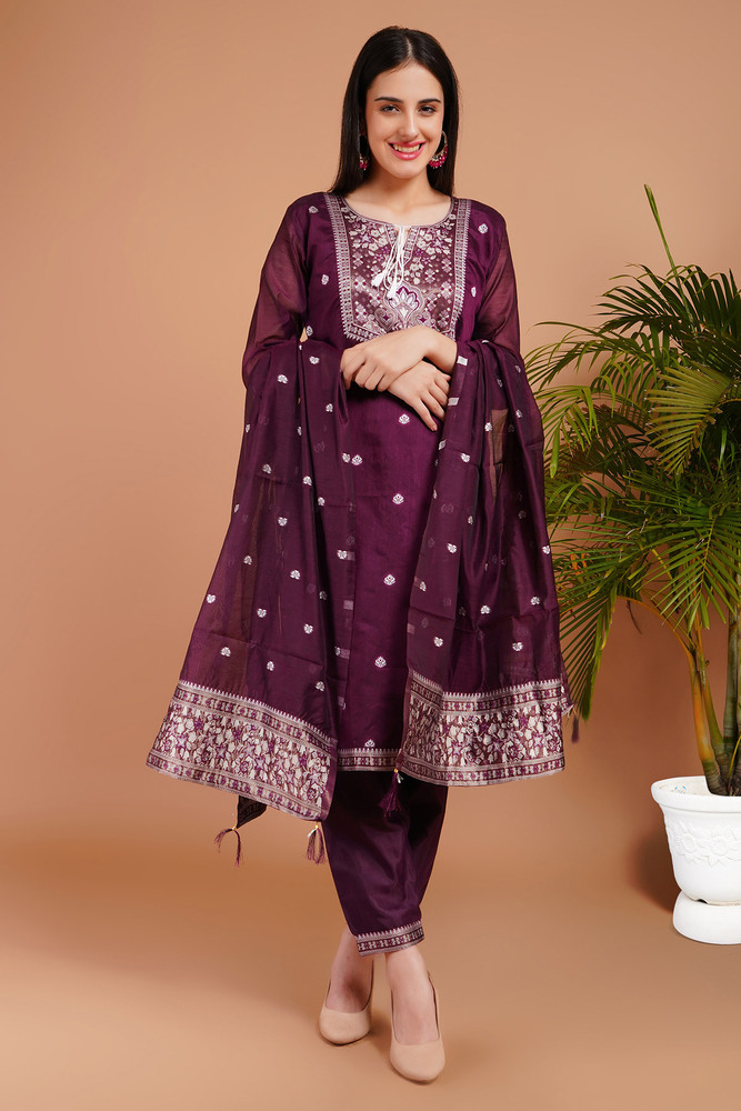 TRENDMALLS Dames Chanderi Borduurwerk Salwar Pak Set TRENDMALLS Dames Chanderi Borduurwerk Salwar Pak Set