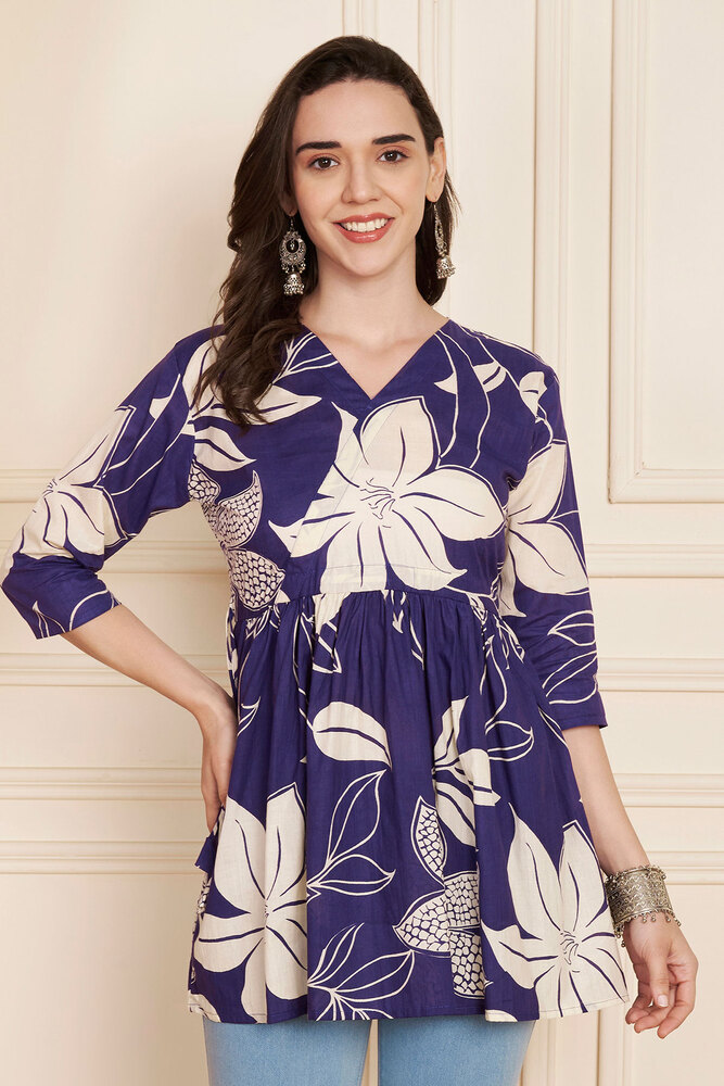 Fashionfricks Purple Flower Print Flared Tunic Top for Women
