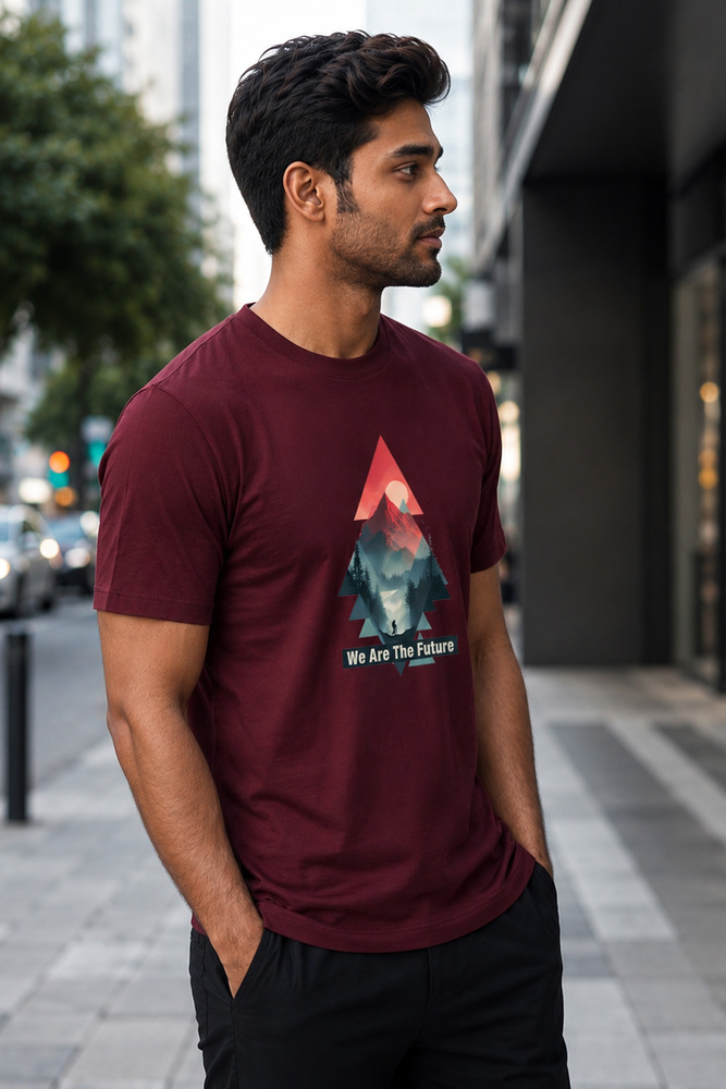 Ifazone Maroon Future Mountain Geometric Printed Cotton T-Shirt