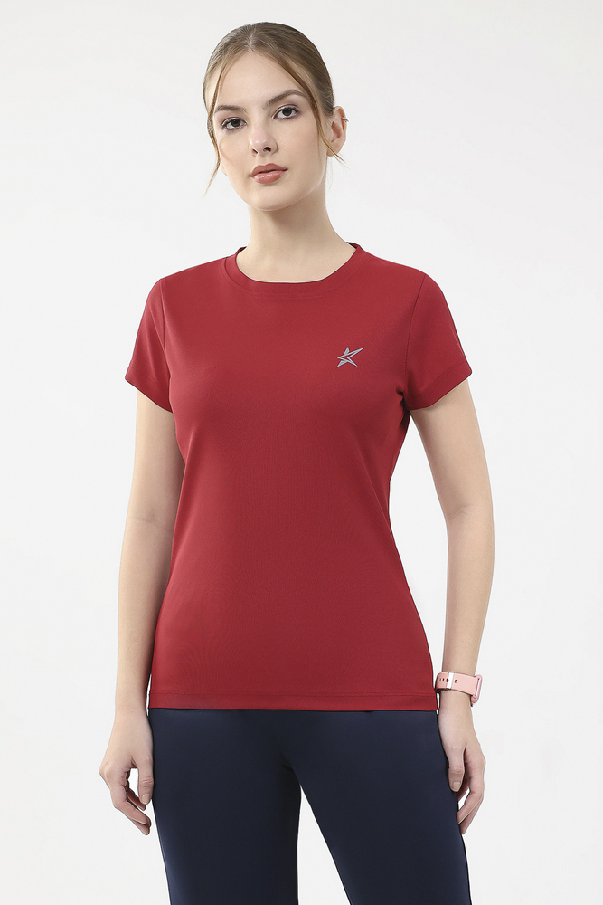 MKuefit Women Red 100% Polyester Round Neck Tee