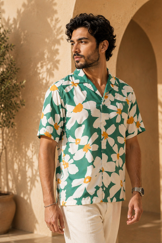 Mr. Huffman Mens Floral Printed Green Aloha Half Sleeve Shirt