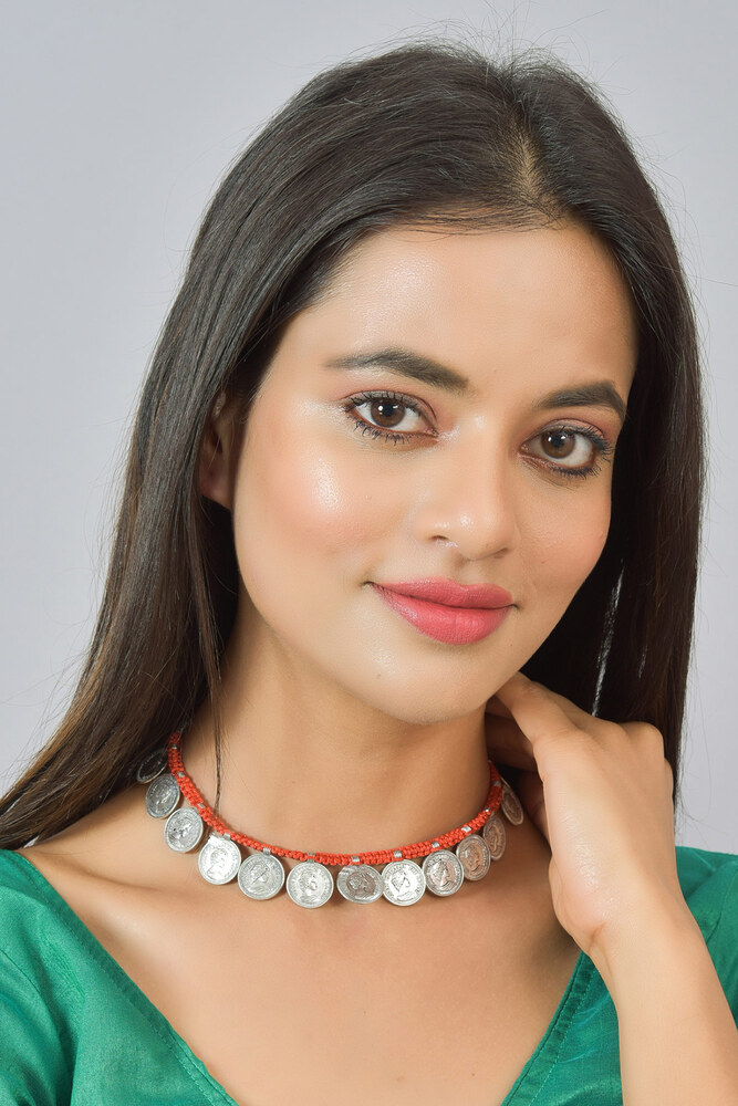 Silver Coin Red Oxidized Hand Crafted Light Weight Trendy Chokar