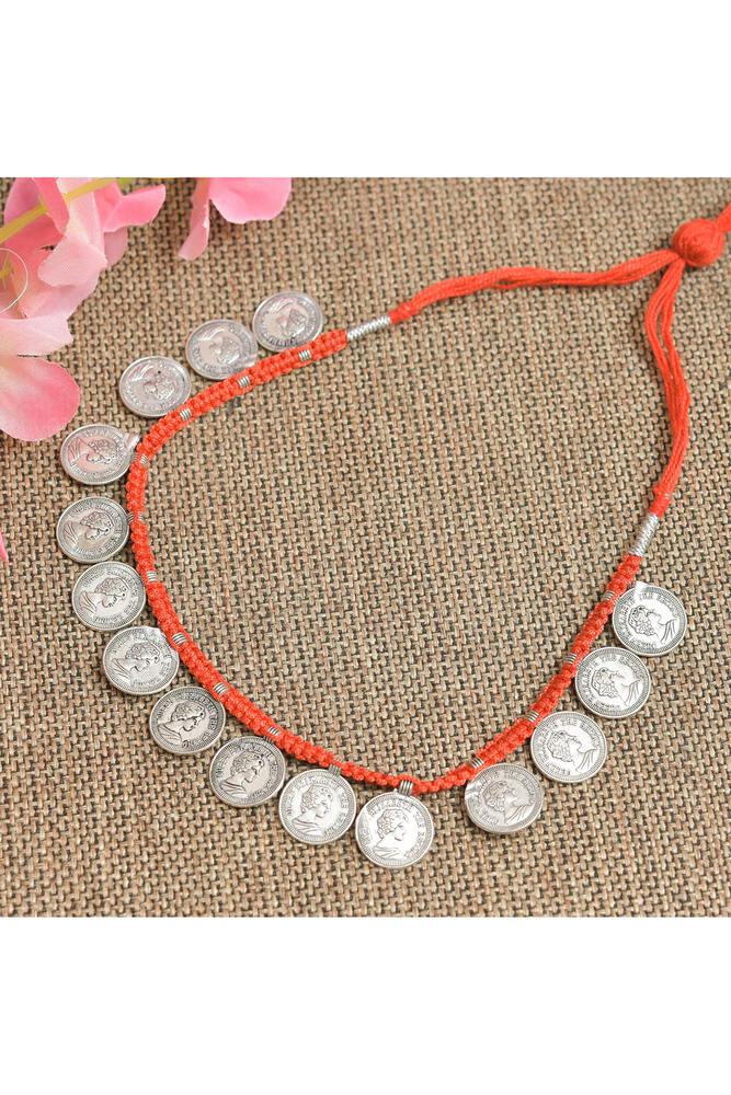 Silver Coin Red Oxidized Hand Crafted Light Weight Trendy Chokar