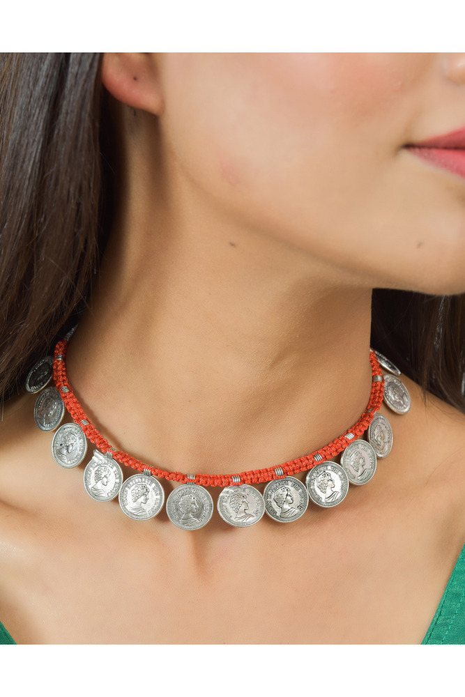 Silver Coin Red Oxidized Hand Crafted Light Weight Trendy Chokar
