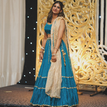 Embrace Elegance with the Peacock Blue and Golden Lehenga