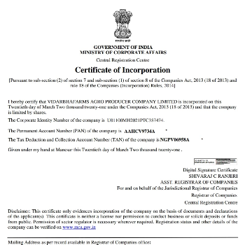 VIDHARBHAFARMS AGRO PRODUCER COMPANY LTD | Certificate of Incorporation