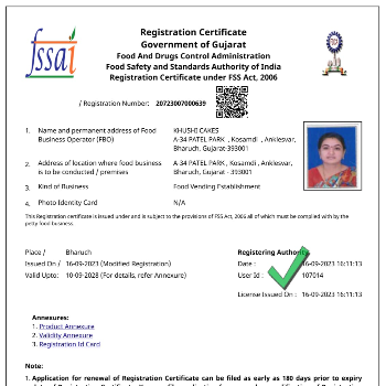 KHUSHI CAKES | fssai license