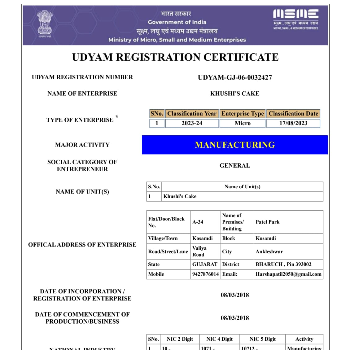 KHUSHI CAKES | MSME Registration