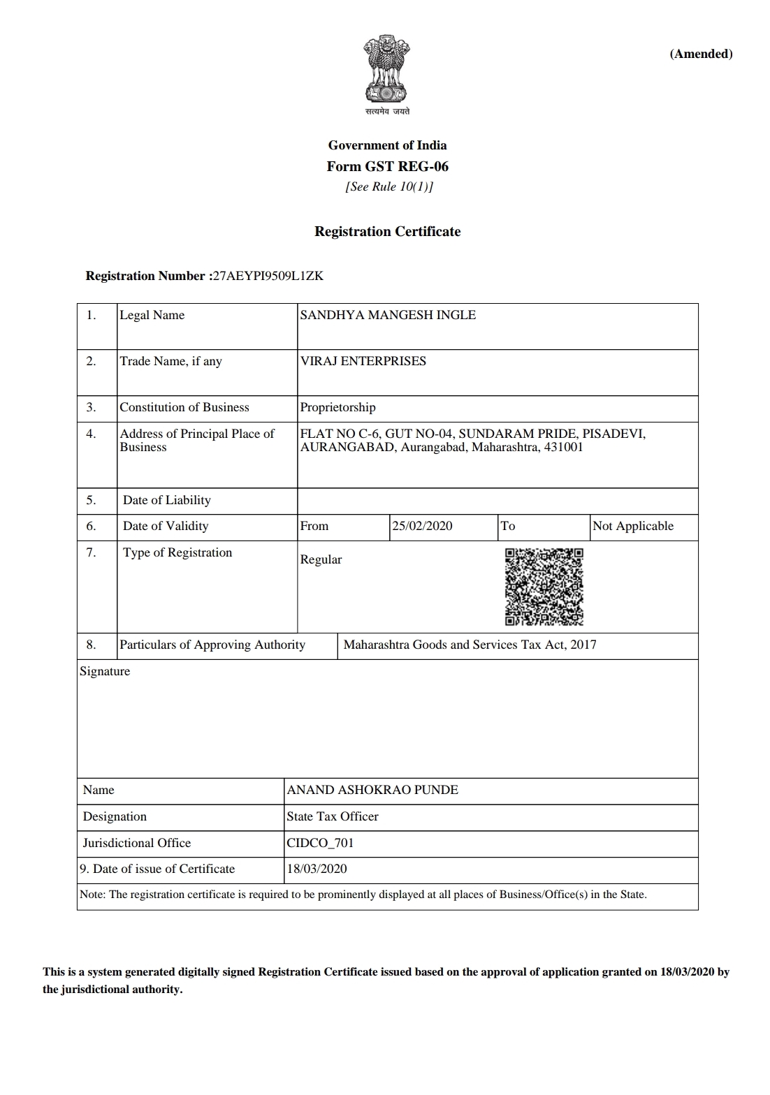 VIRAJ ENTERPRISES | GST CERTIFICATE