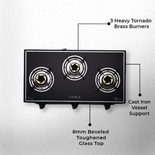 BlowHot Opal 3 Burner Manual Ignition Gas Stove, Toughened Glass, Heavy Tornado Brass Burners, Black Powder Coated Body, ISI Certified, 1 Yr General Warranty (Burner, Gas Valve & Glass - 2 Yr)-https://s3.ap-south-1.amazonaws.com/prod-media-vyaparify-com/vcards/products/232921/product_1747297485_6825a4cdc459e.png Image