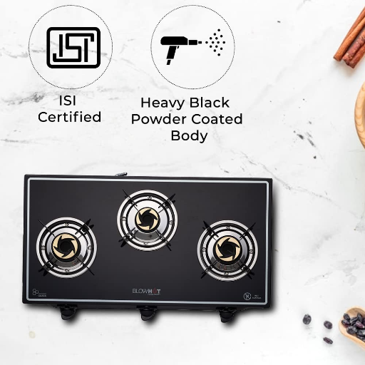 BlowHot Opal 3 Burner Manual Ignition Gas Stove, Toughened Glass, Heavy Tornado Brass Burners, Black Powder Coated Body, ISI Certified, 1 Yr General Warranty (Burner, Gas Valve & Glass - 2 Yr)-https://s3.ap-south-1.amazonaws.com/prod-media-vyaparify-com/vcards/products/232922/product_1747297485_6825a4cdcd1fb.png Image