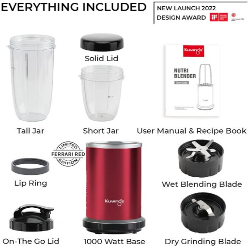Kuvings Nutri Blender PRO Ferrari Red, Powerful 1000 Watts Motor, Longest Warranty 7 Years, Mixer/Grinder/Smoothie Maker, Blender for Smoothies and Juices, Stainless Steel Body, 2 Blade Set: Wet & Dry (Ferrari Red)-https://s3.ap-south-1.amazonaws.com/prod-media-vyaparify-com/vcards/products/236076/product_1747407861_682753f51892e.png Image