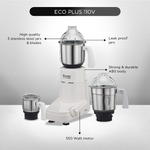 Preethi Eco Plus MG-138 110V, 550 Watt Mixer Grinder with 3 Jars (0.4L Chutney grinding Jar + 1.0L dry grinding Jar + 1.5L Wet grinding Jar, Stainless Steel) with 5 Yrs Motor warranty, White-https://s3.ap-south-1.amazonaws.com/prod-media-vyaparify-com/vcards/products/250748/product_1747917756_682f1bbcc0fef.png Image