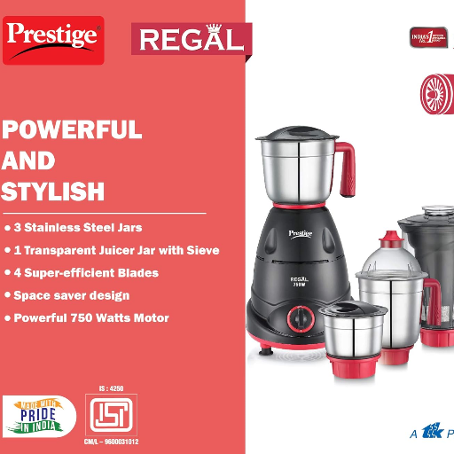 Prestige Regal Mixer Grinder, 750W, 3 Stainless Steel Jar + 1 Juicer Jar, Multi-Color-https://s3.ap-south-1.amazonaws.com/prod-media-vyaparify-com/vcards/products/259106/product_1748265828_68346b6481b04.png Image