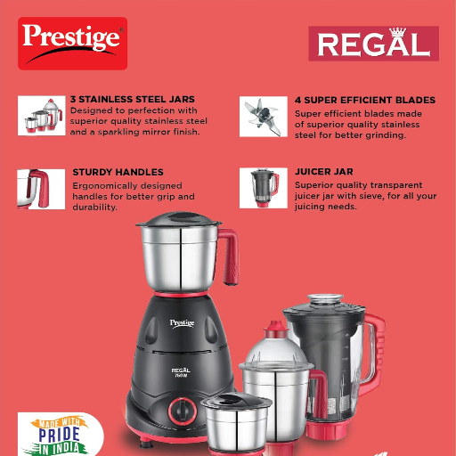 Prestige Regal Mixer Grinder, 750W, 3 Stainless Steel Jar + 1 Juicer Jar, Multi-Color-https://s3.ap-south-1.amazonaws.com/prod-media-vyaparify-com/vcards/products/259107/product_1748265828_68346b6496845.png Image