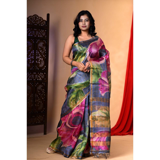  Pure handloom tussar silk zari checks border digital design printing with silk mark tag PRIYAANSI PREMISES NO. 24, WARD NO. 28 SOHIB GOPINATH NAGAR R.P GOVT COLONEY, SERAMPORE, West Bengal, 712203