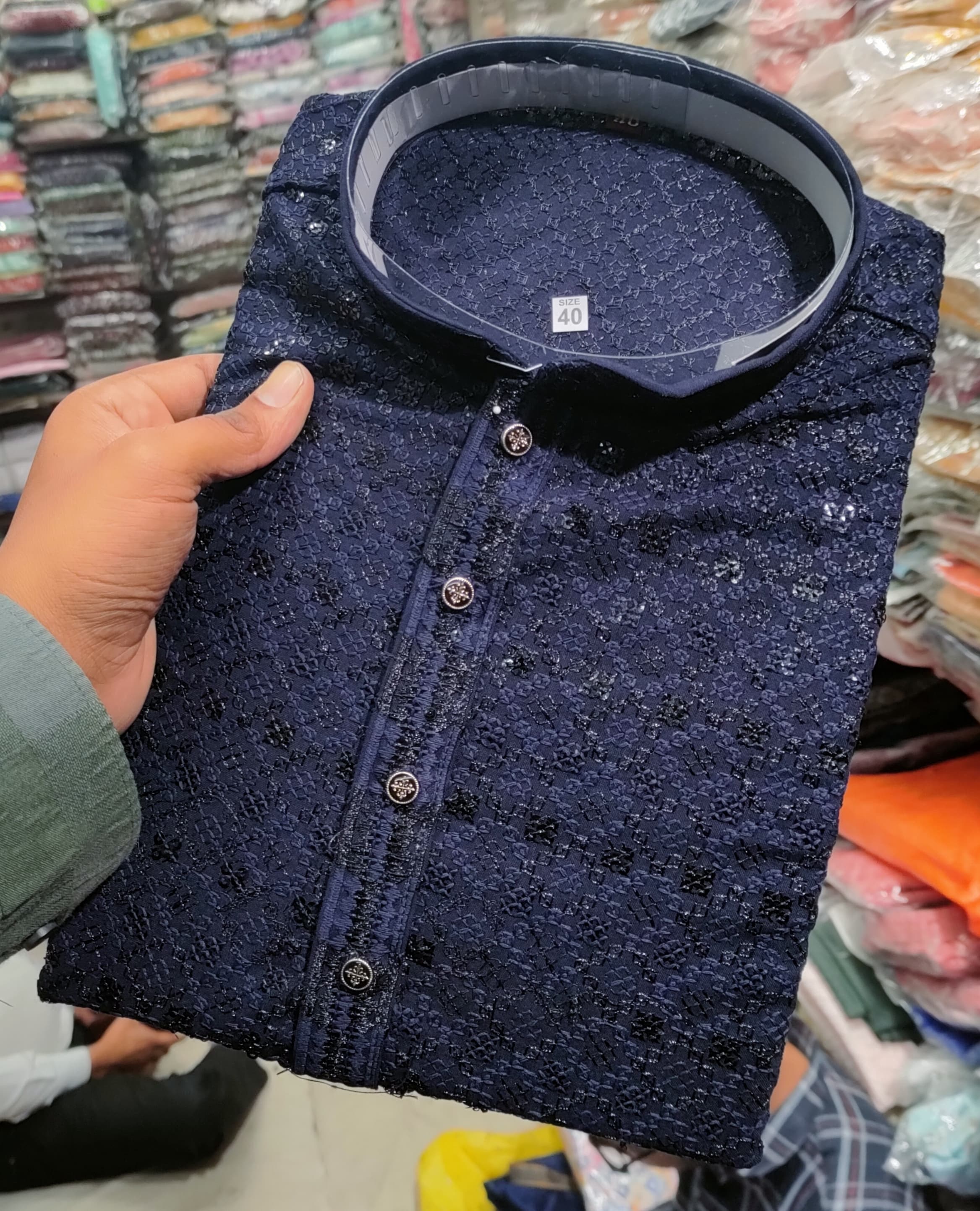  Navy Blue Chikan Men's Kurta AADI STORES Hathikhana Corner, Ratanpole, Ahmedabad-380001