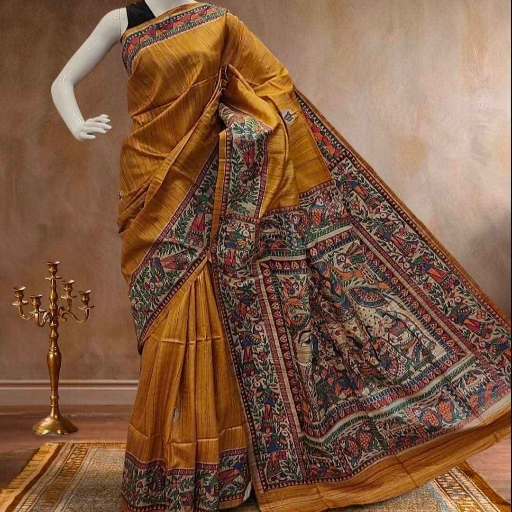 Tussar Ghicha silk saree with Madhubani Hand paint art-https://s3.ap-south-1.amazonaws.com/prod-media-vyaparify-com/vcards/products/431839/product_1764398412_692a954cd6799.png Image