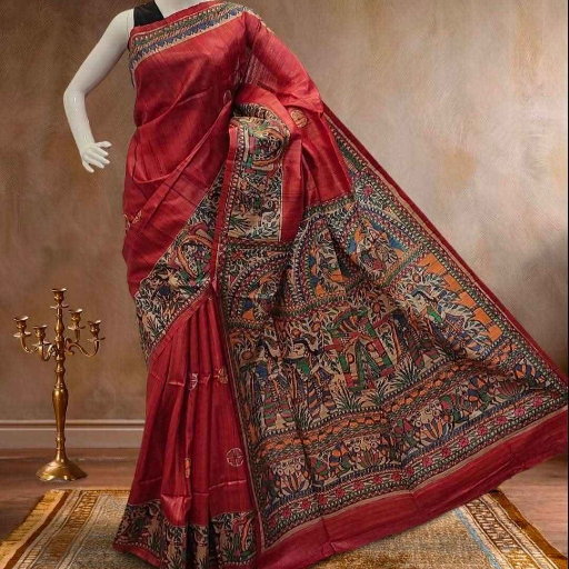 Tussar Ghicha silk saree with Madhubani Hand paint art-https://s3.ap-south-1.amazonaws.com/prod-media-vyaparify-com/vcards/products/431840/product_1764398412_692a954ce00c9.png Image