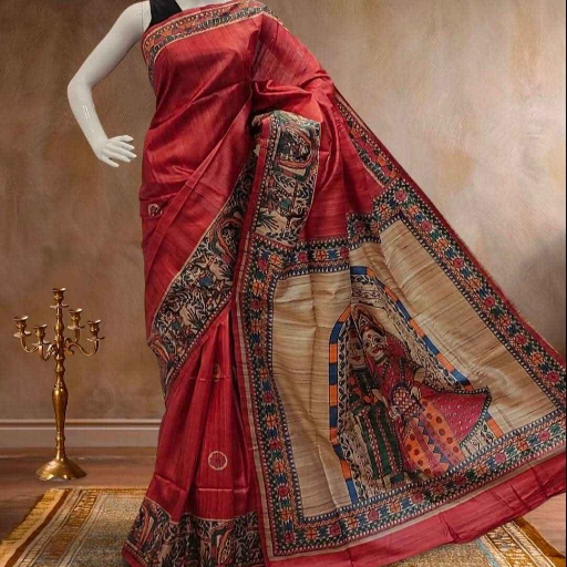 Tussar Ghicha silk saree with Madhubani Hand painting-https://s3.ap-south-1.amazonaws.com/prod-media-vyaparify-com/vcards/products/431865/product_1764398813_692a96dd52d30.png Image
