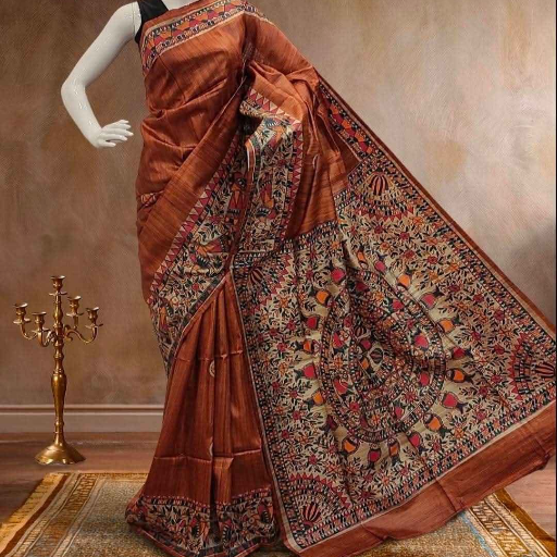 Tussar Ghicha silk saree with Madhubani Hand painting-https://s3.ap-south-1.amazonaws.com/prod-media-vyaparify-com/vcards/products/431866/product_1764398813_692a96dd6c9ed.png Image