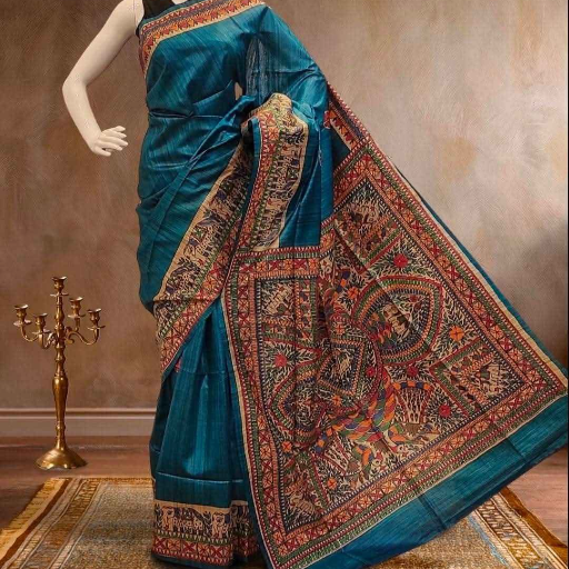 Tussar Ghicha silk saree with Madhubani Hand painting-https://s3.ap-south-1.amazonaws.com/prod-media-vyaparify-com/vcards/products/431867/product_1764398813_692a96dd81f82.png Image