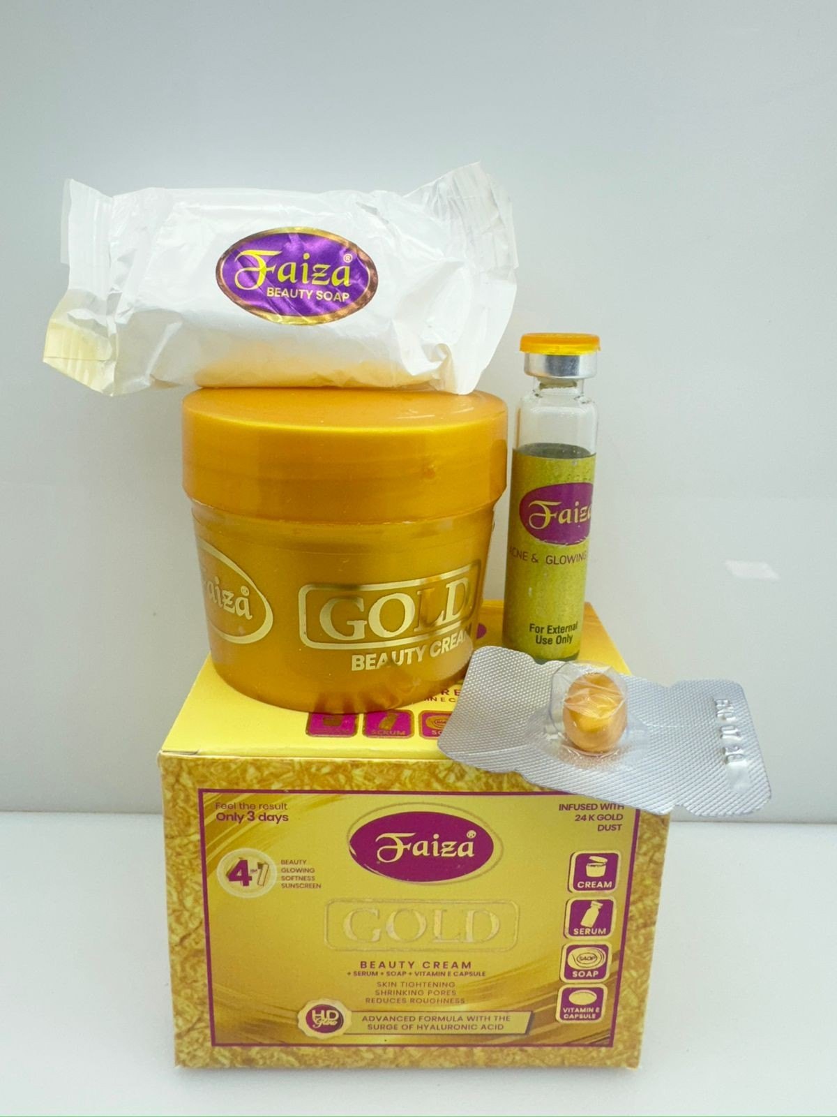  FAIZA GOLD BEAUTY CREAM, SERUM, VITAMIN E CAPSULE AND SOAP (4 IN ONE PACKAGE) JESSY DISTRIBUTION PVT LTD JESSY MART, 8-14-61&62/HN/205, PLOT NO. 205, ROAD NO. 5, C5 BAKERY, HANUMAN NAGAR, MEERPET, RANGA REDDY DISTRICT, HYDERABAD-500097, TELANGANA, INDIA.