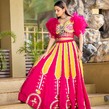 Vibrant Pink & Yellow Ruffle Sleeve Designer Lehenga for Rent – Festive & Garba Night Wear KAKADIYA YASHKUMAR DILIPBHAI Shop No 65 Ganganagar Society 1 Near Vijay Raj Raw House Singapore Causeway Road Near Vijay Raj Circle, Surat Gujrat