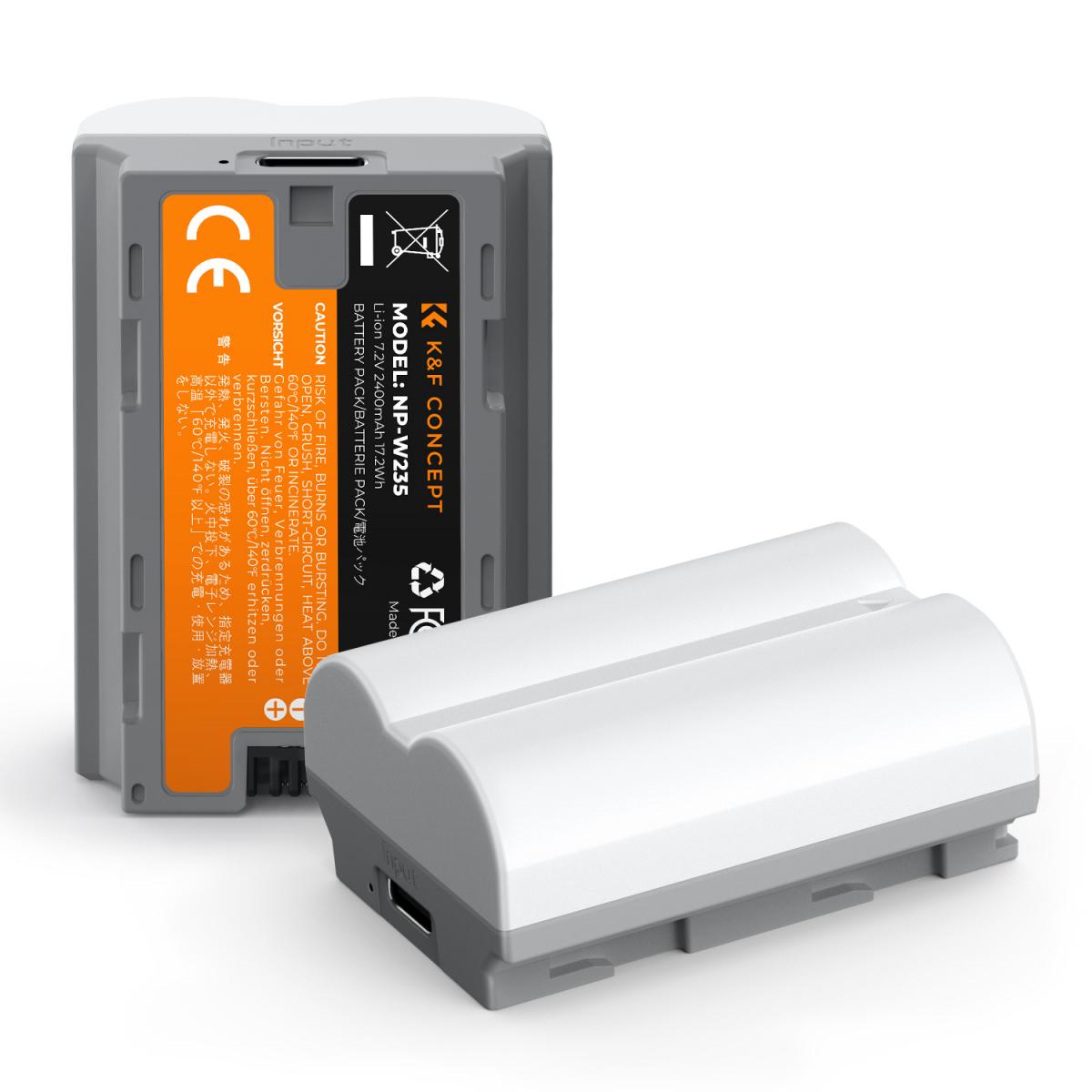 K&F Concept 2 Pack 2400mAh NP-W235 Battery, Camera Battery with Type C Fast Charging