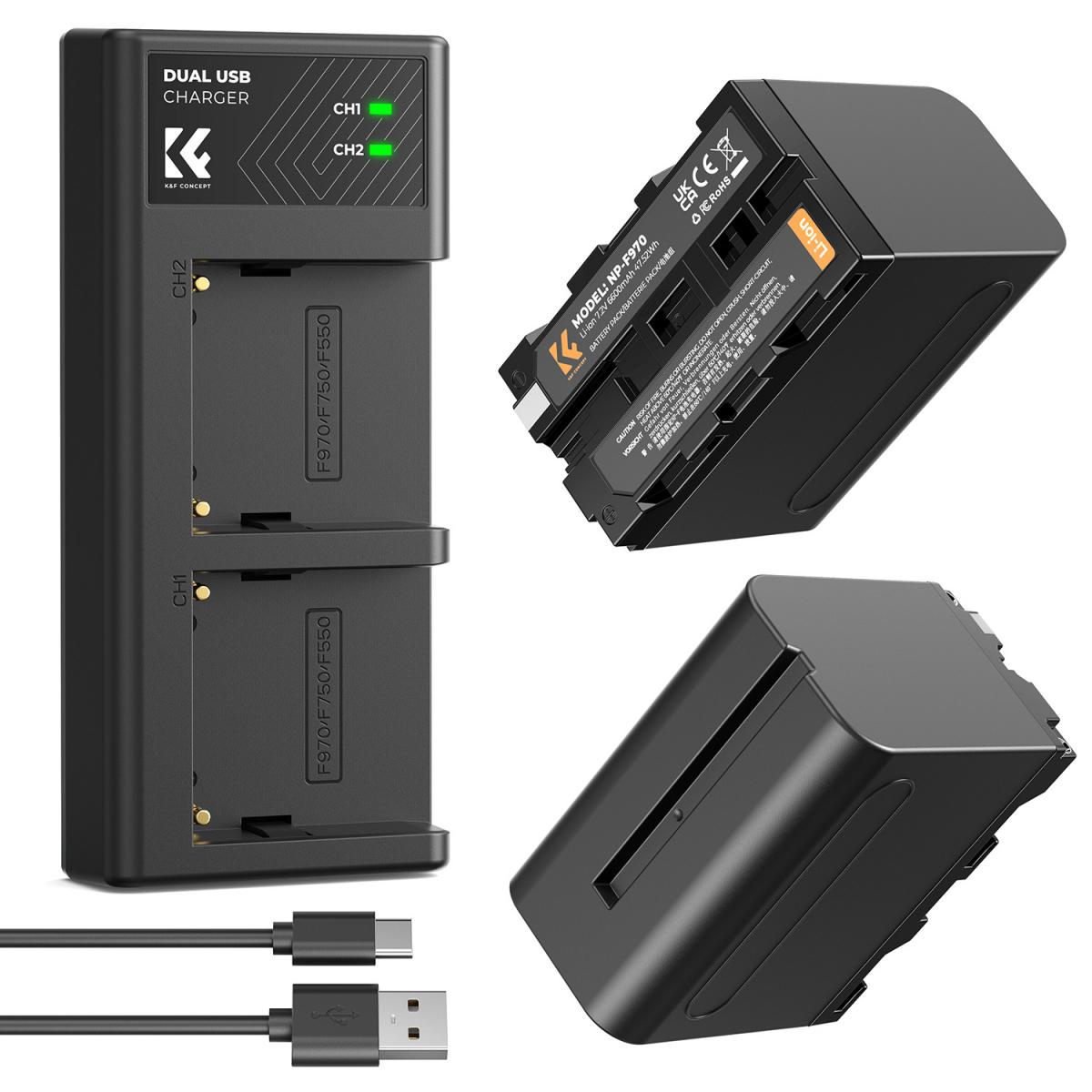 K&F Concept 2 Pack NP-F970 Battery with LED Charger - 6600mAh