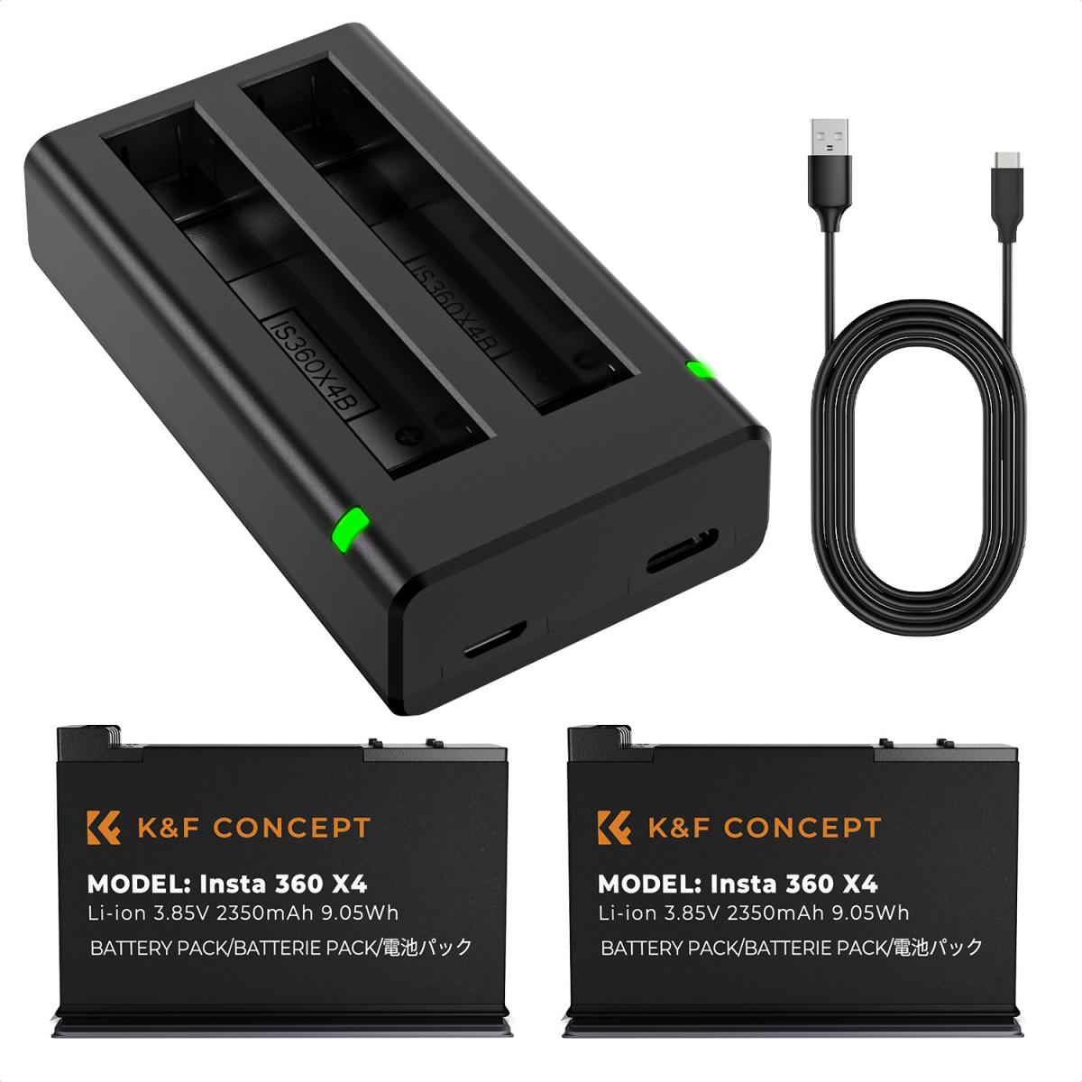 K&F Concept Insta360 X4 Battery and Charger, 2-Pack 2350mAh