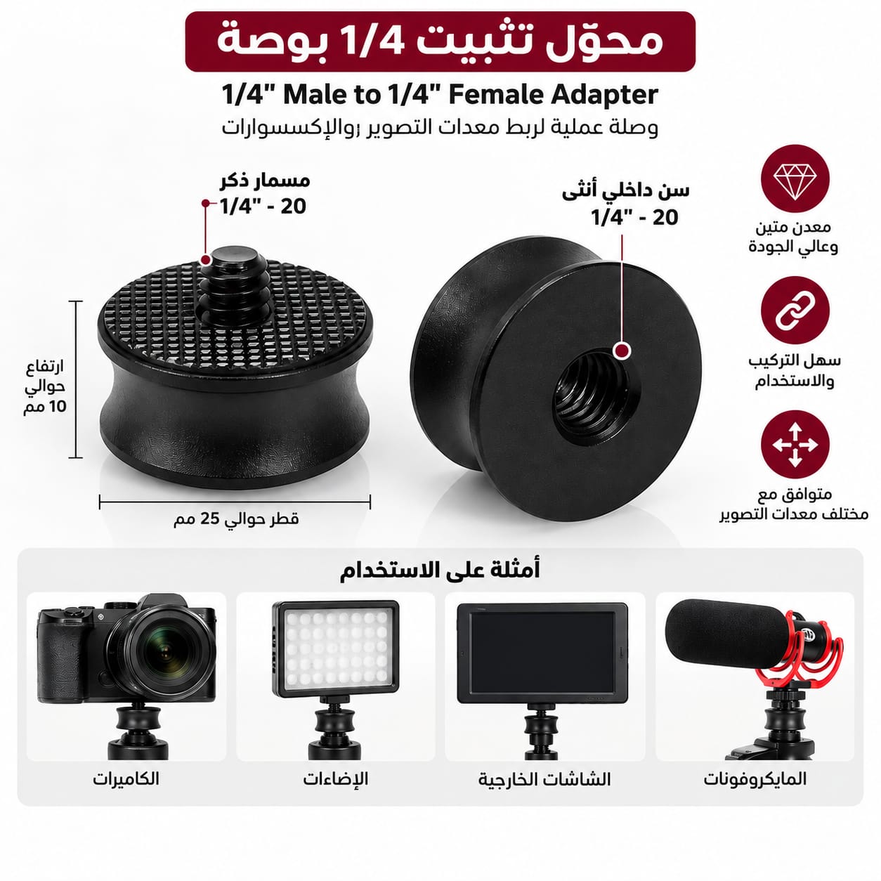 1/4" Mela to 1/4" Female Adapter Black