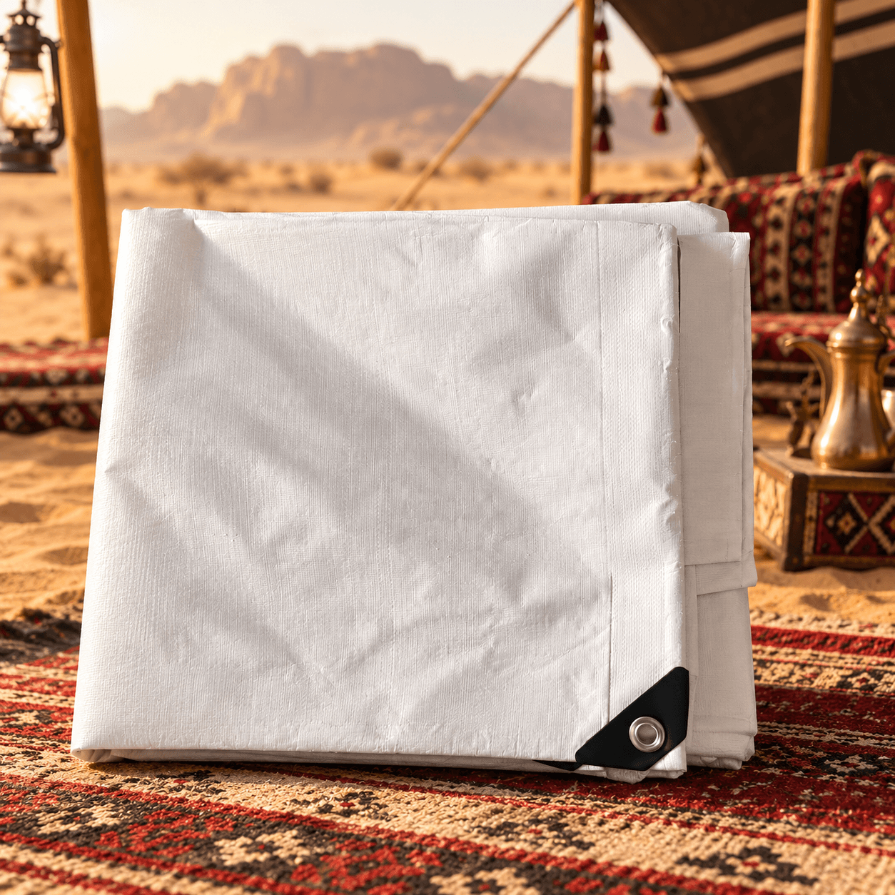 طربال أبيض مطوي مع حلقة معدنية عند الزاوية