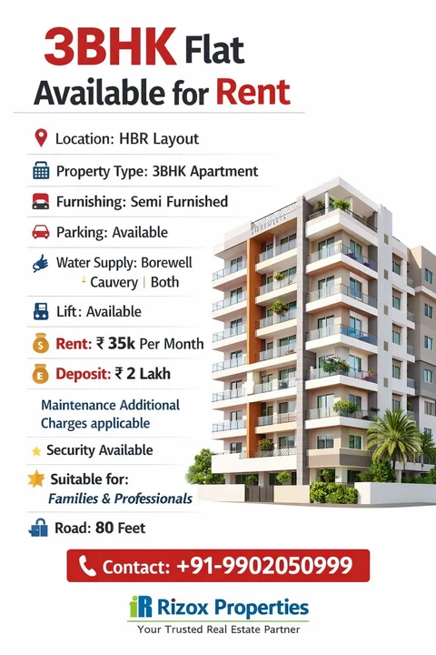 3 BHK Flat for Rent in HBR Layout