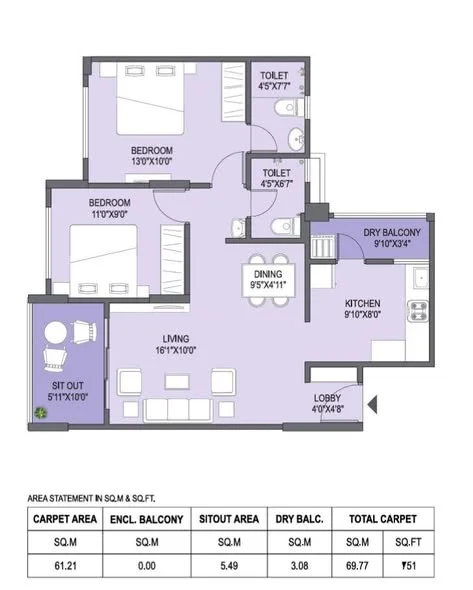 2 BHK Flat for Rent in Next to Florida Watercolor