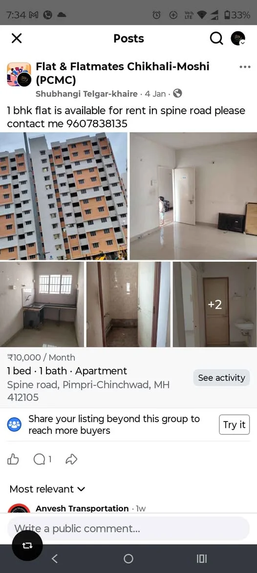 1 BHK Flat for Rent in Spine road moshi pune