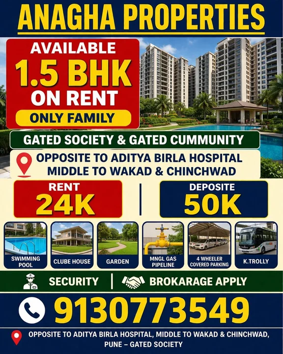 1.5 BHK Flat for Rent in Opp. Aditya Birla Hospital Prime Location Between Wakad & Chinchwad