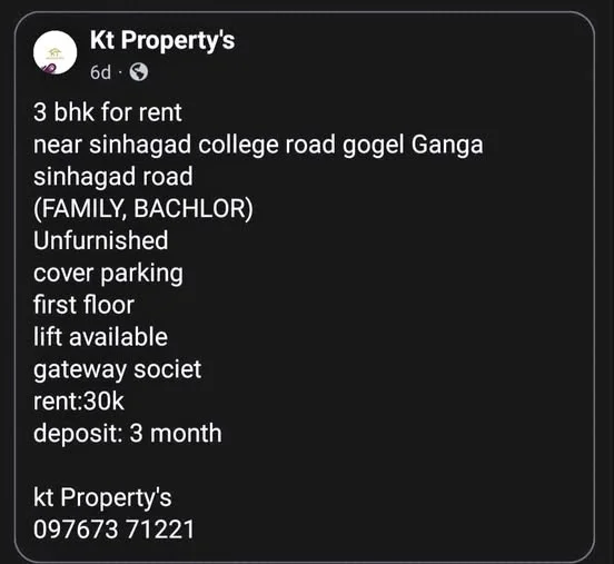 3 BHK Flat for Rent near sinhagad college road gogel Ganga sinhagad road