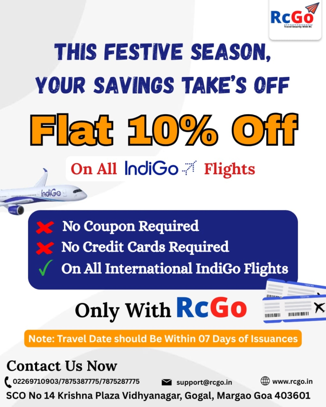 Flat 10% discount on all international IndiGo flights with RcGo – festive travel offer