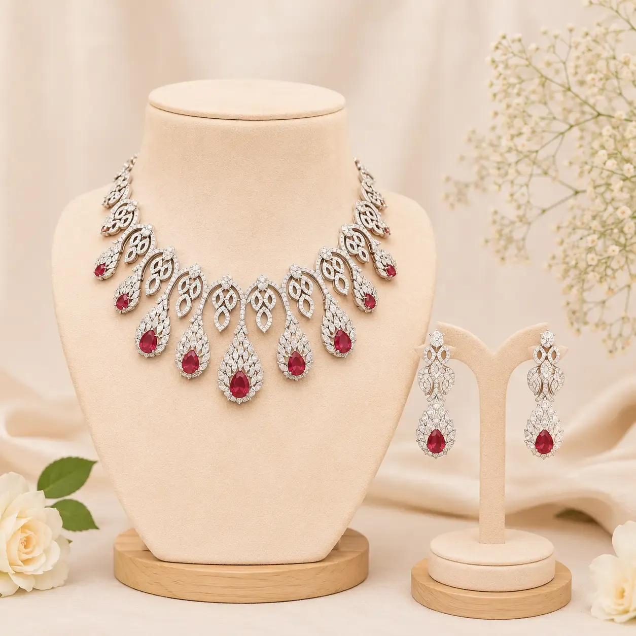 Imperial Ruby & American Diamond Leaf Motif Necklace Set