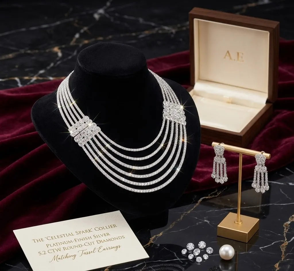 Luxury Multi-Strand American Diamond Cascading Necklace Set