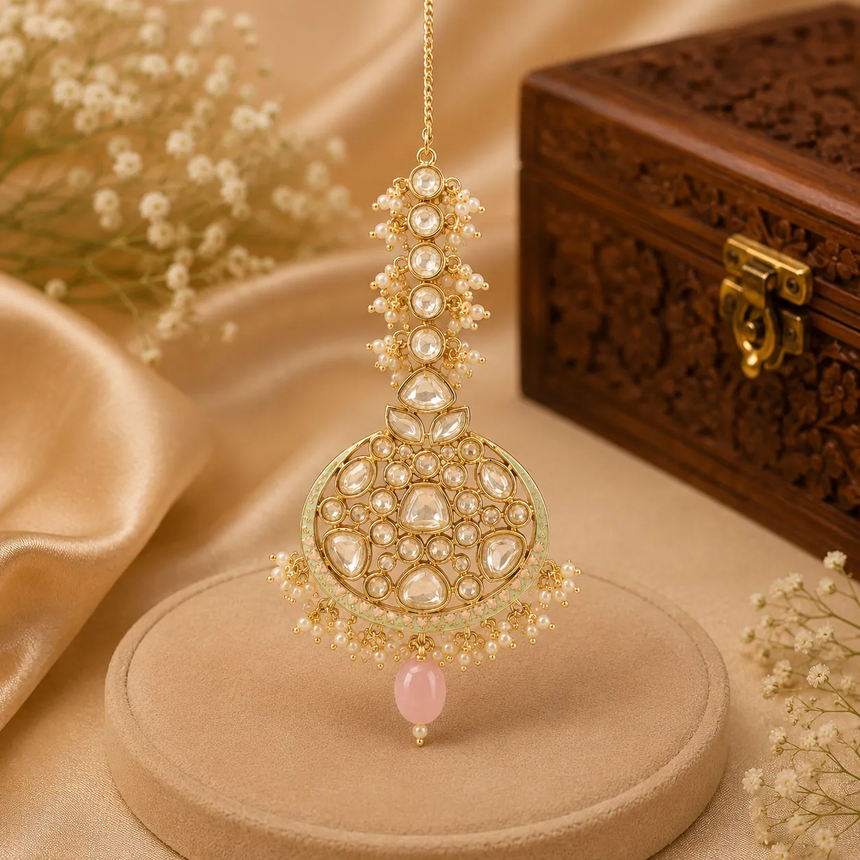 Traditional Kundan Maang Tikka with Pearl & Pink Drop