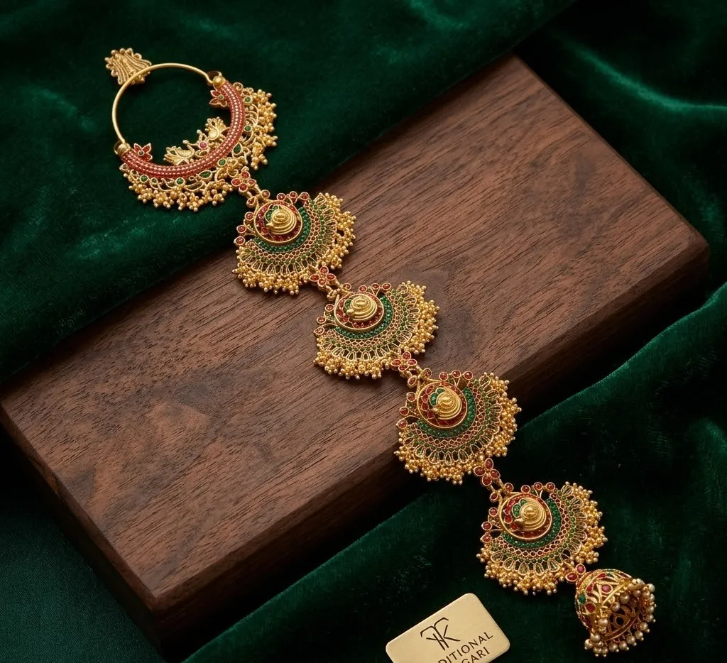 Meenakari Bridal Hair Choti – Red & Green Temple Hair Accessory