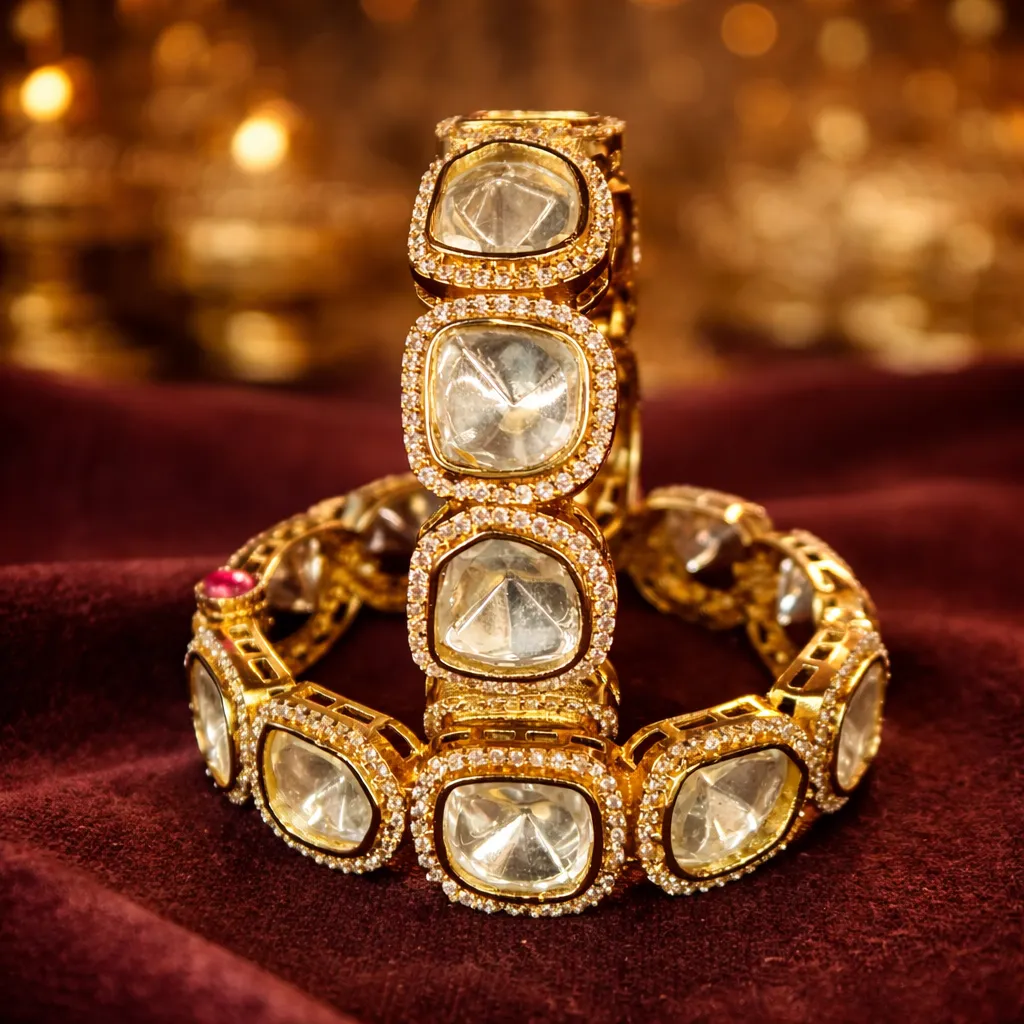 Polki Statement Kada – Antique Gold Cushion-Cut Kundan Bracelet