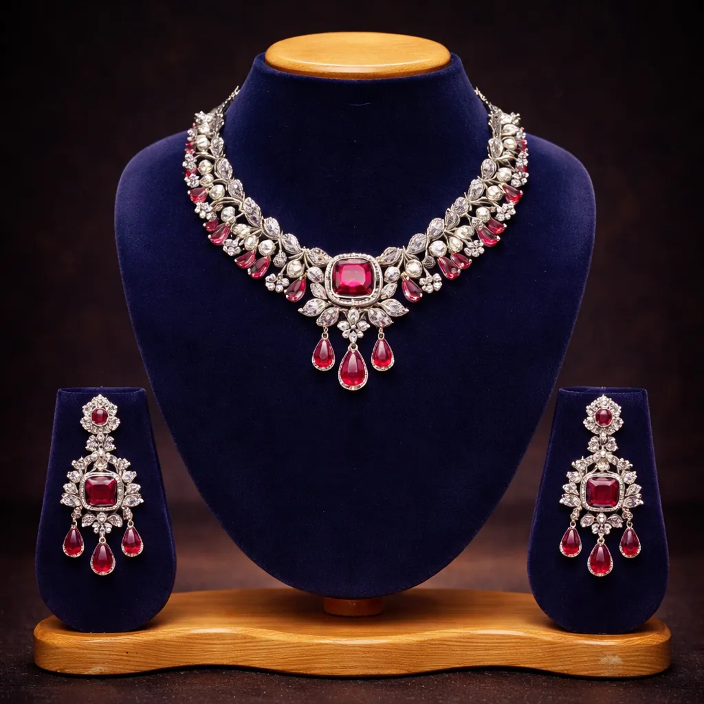 Royal Crimson Ruby & American Diamond Necklace Set